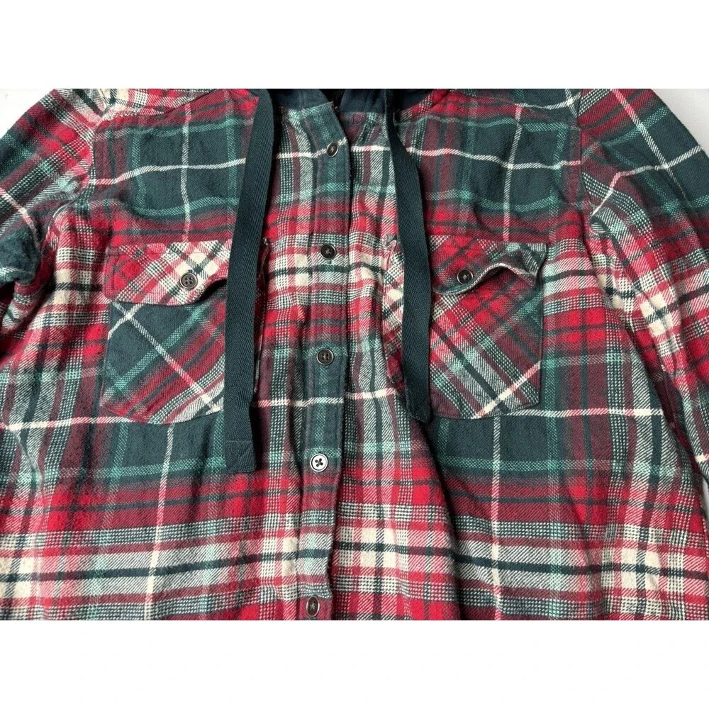 Columbia Boys Youth L Green Red White Plaid Flannet WIth hood